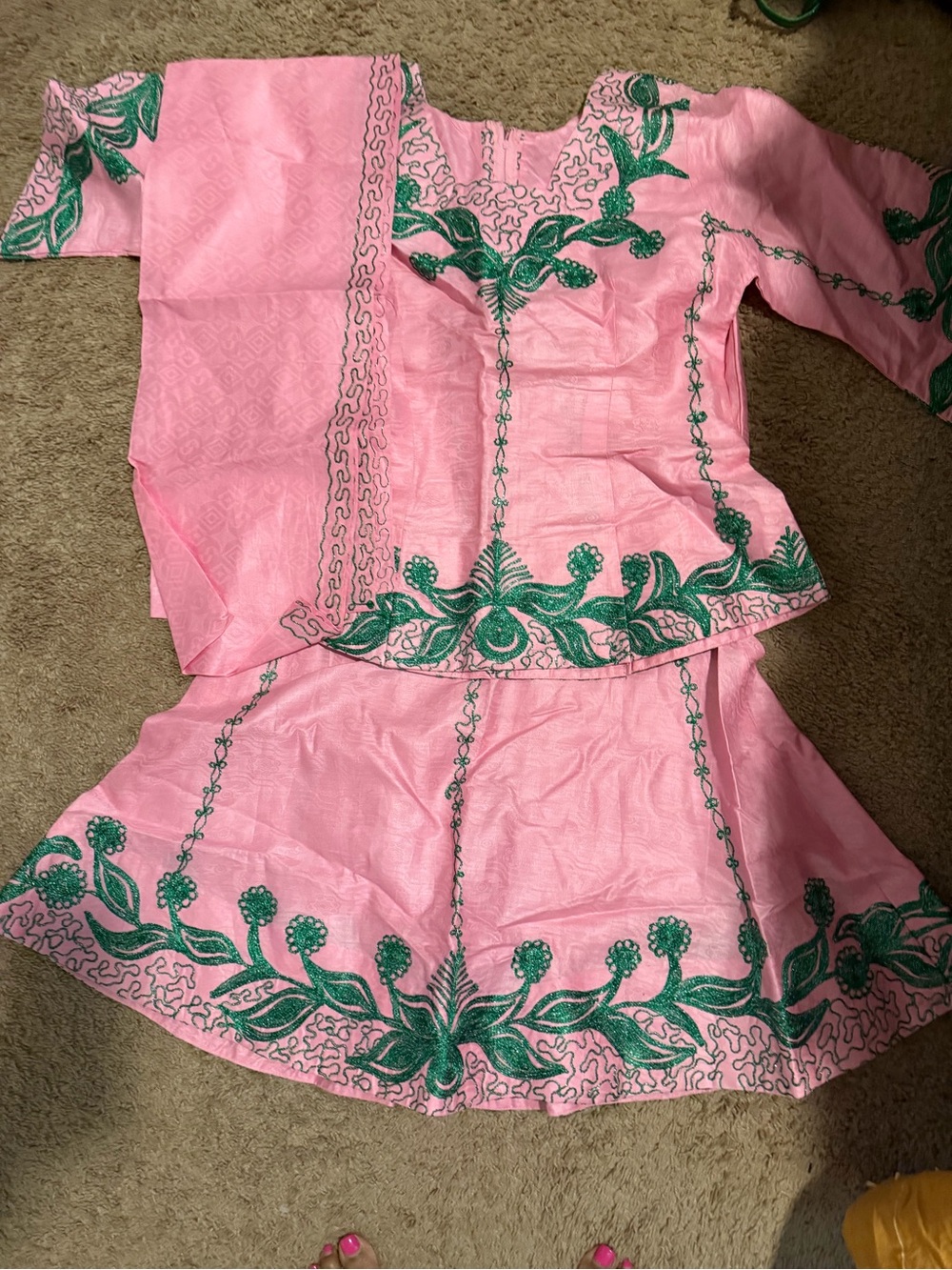 Pink and Green Embroidered Two-Piece Top/Skirt Set. Authentic African Attire - Picture 4 of 5